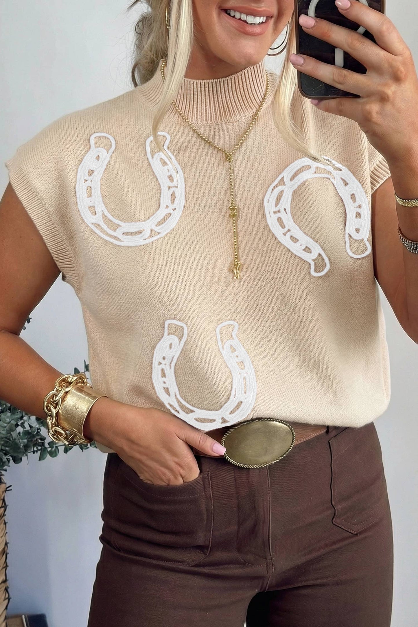 Spring Western Print Mock Neck Short Sleeve Knit Sweater