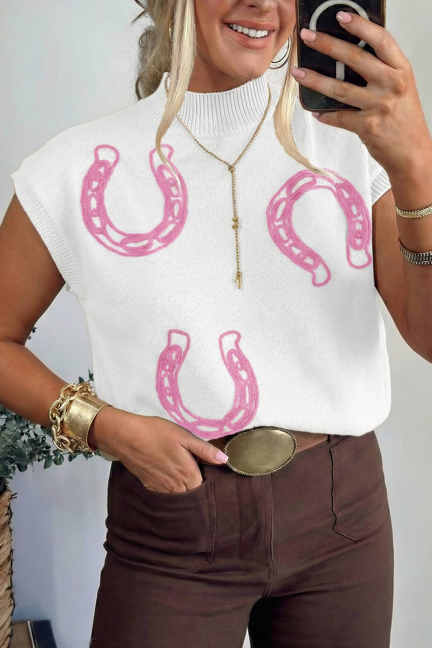 Spring Western Print Mock Neck Short Sleeve Knit Sweater