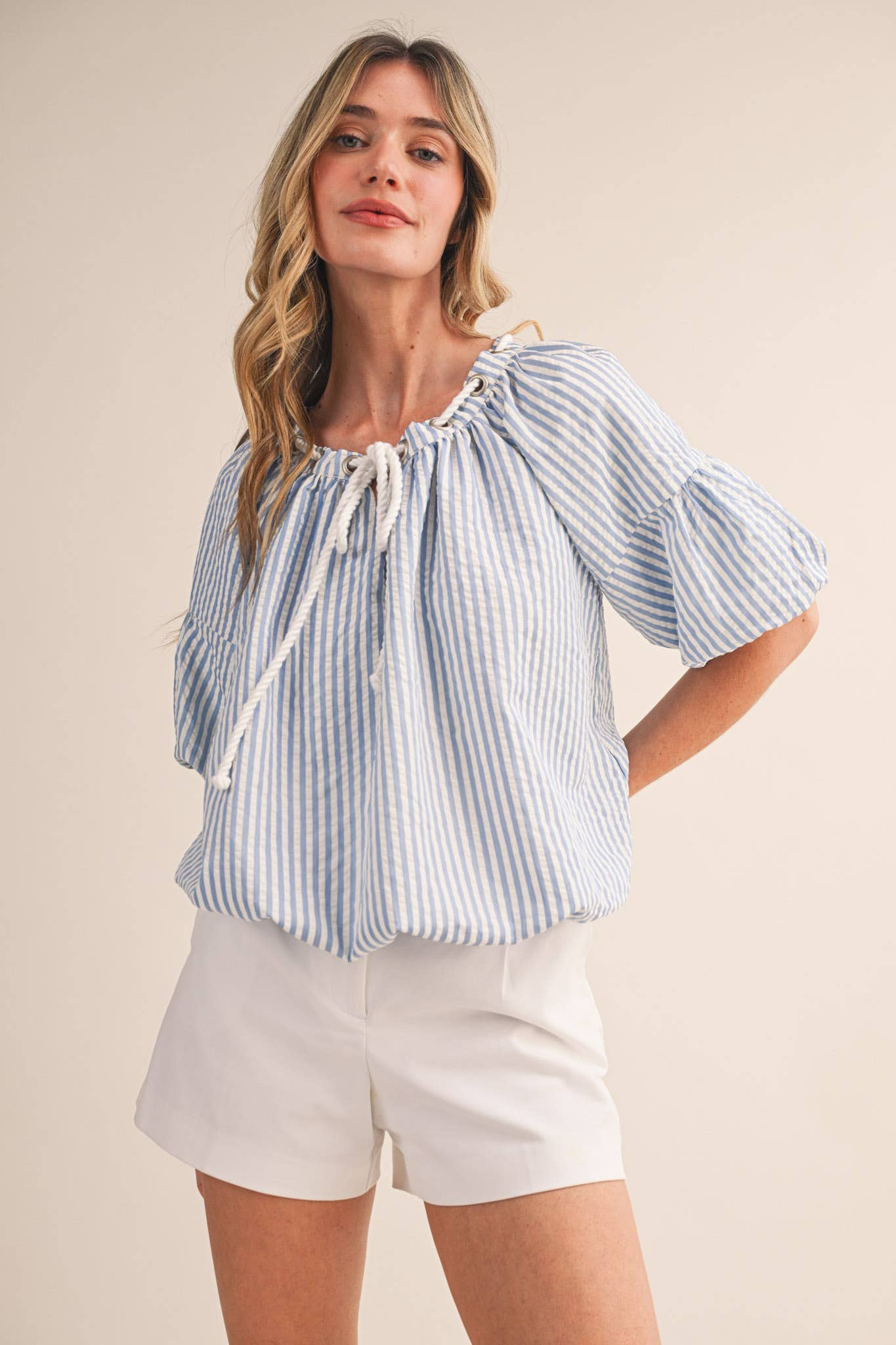 STRIPED BUBBLE TOP WITH GROMMET NECKLINE MTP4529