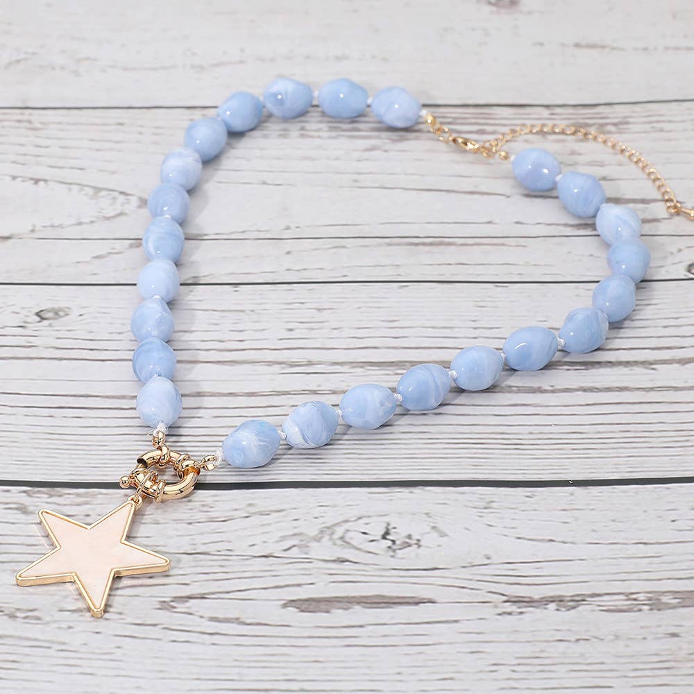 Mother of Pearl Star Pendant Marbled Pebble Beaded Necklace