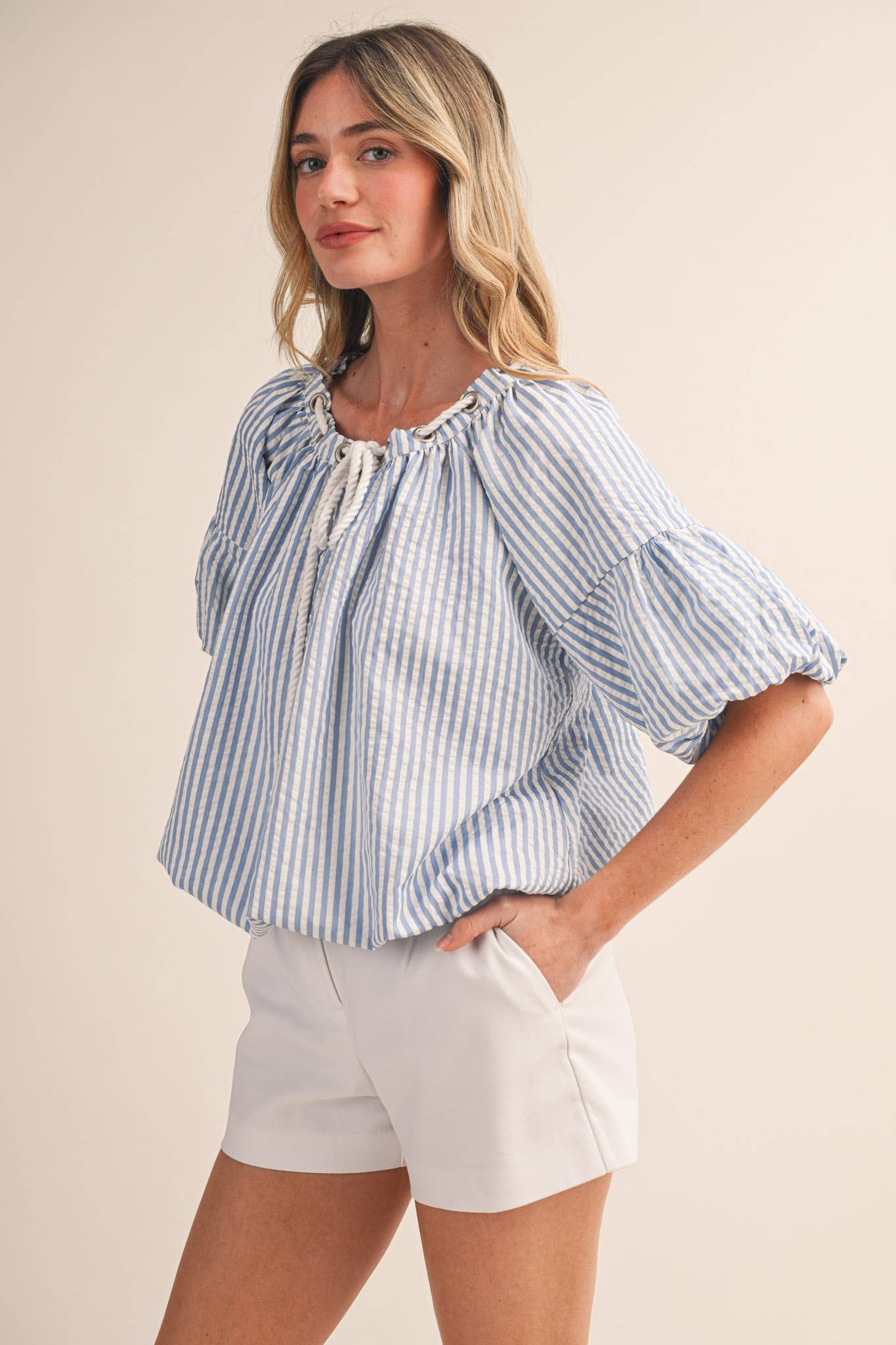 STRIPED BUBBLE TOP WITH GROMMET NECKLINE MTP4529