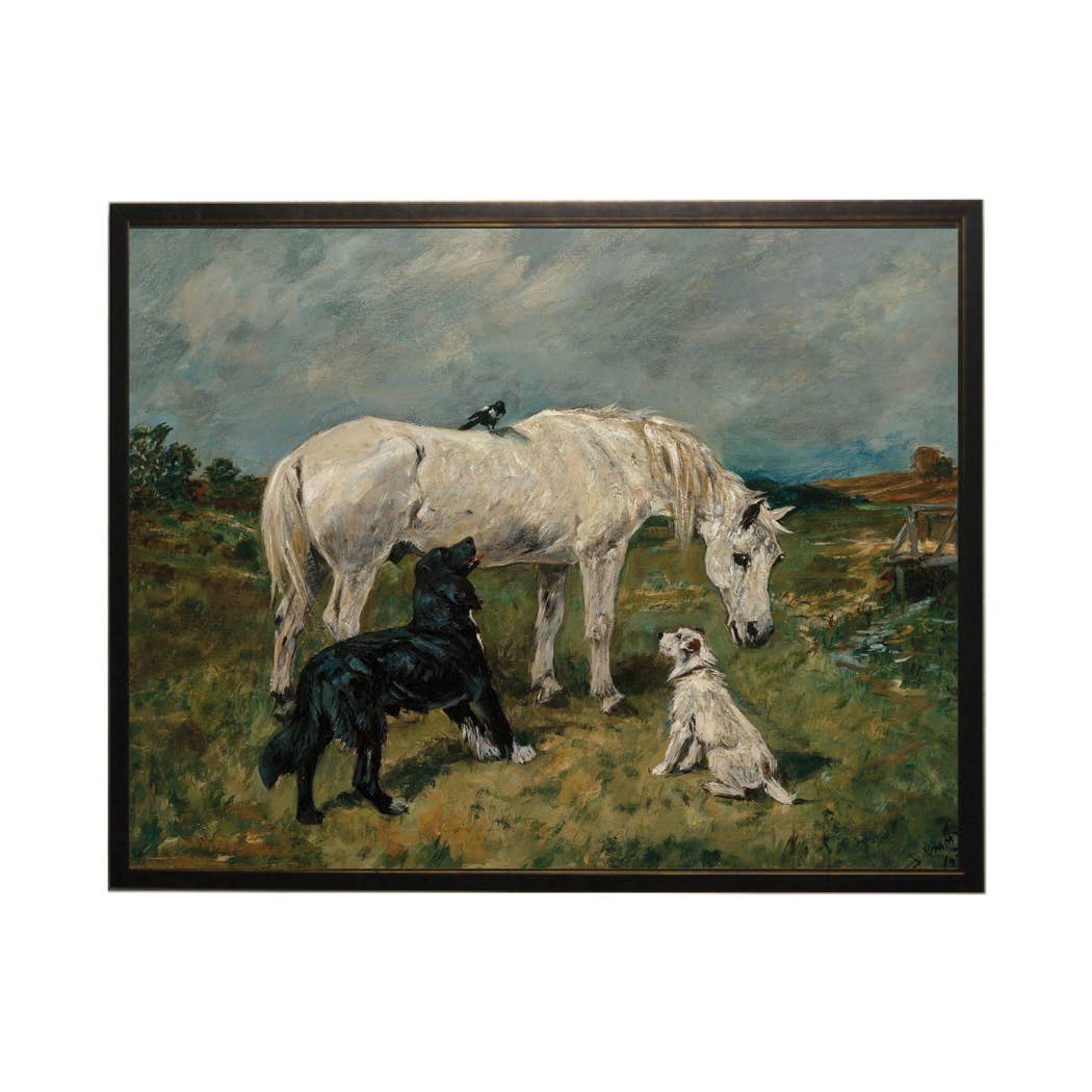 Vintage horse and dogs oil painting