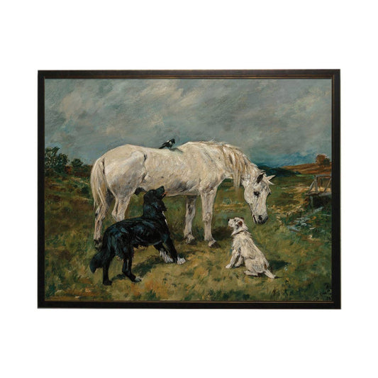Vintage horse and dogs oil painting