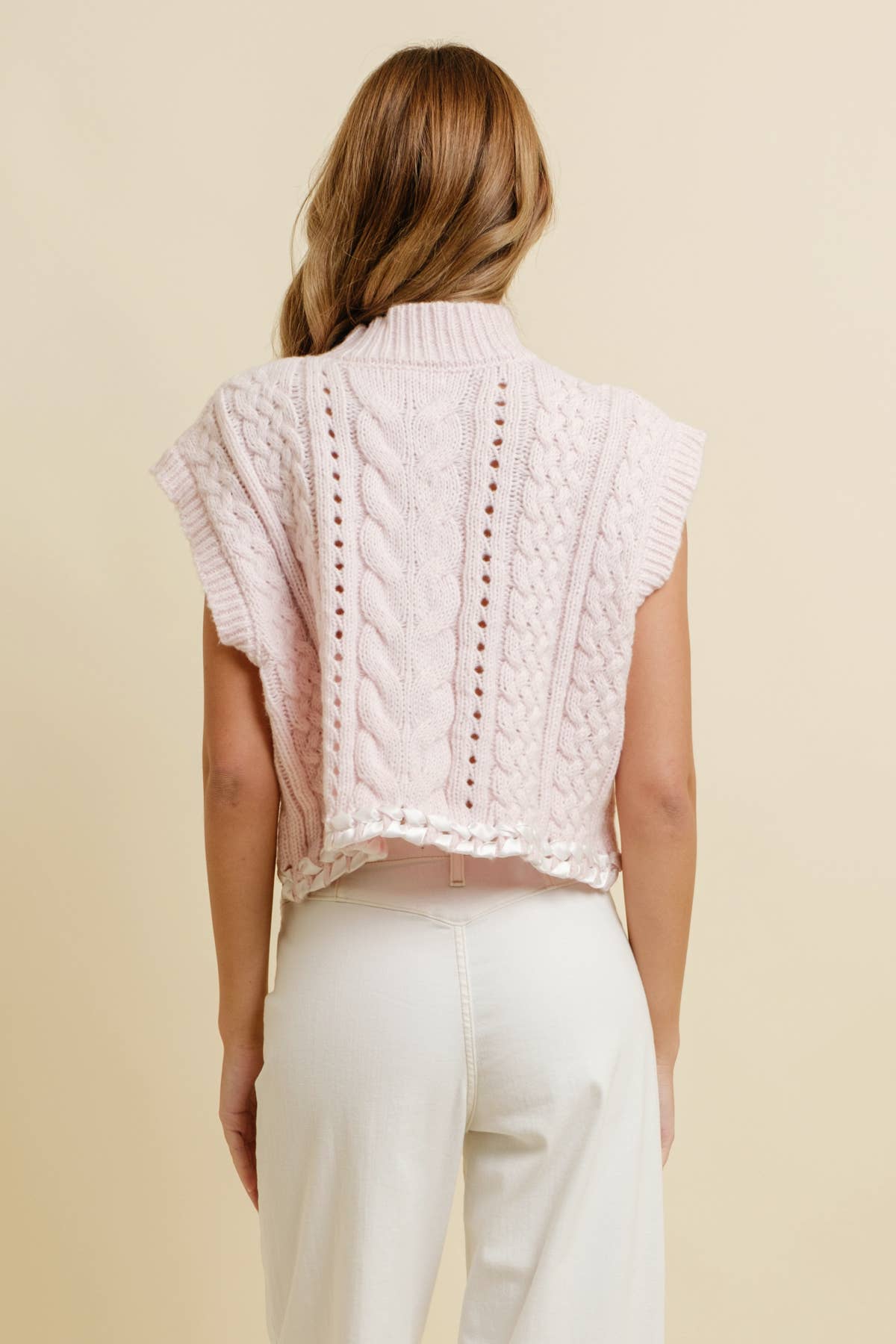 CSW13362K - CABLE KNIT DROP SHOULDER CONTRAST STITCH SWEATER