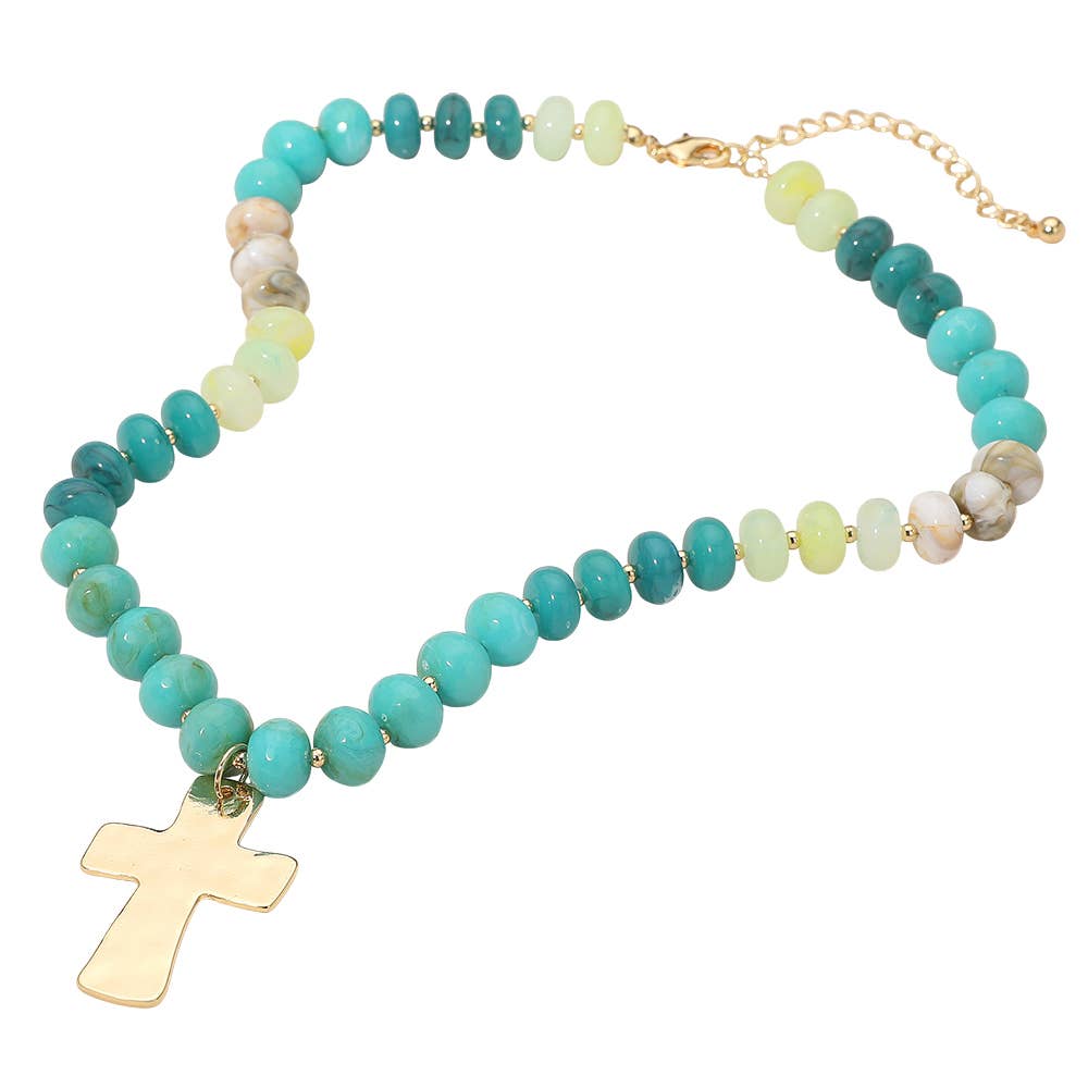 18K Gold Dipped Hammered Cross Plate Pendant Chunky Resin Disc Beaded Necklace