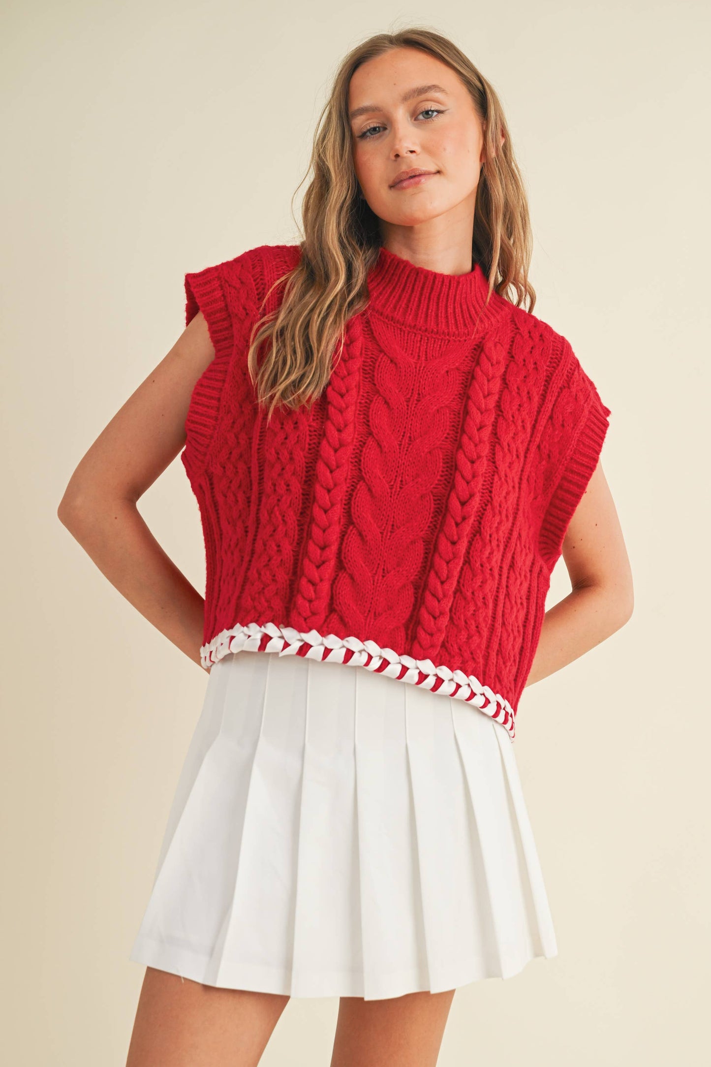 CSW13362K - CABLE KNIT DROP SHOULDER CONTRAST STITCH SWEATER