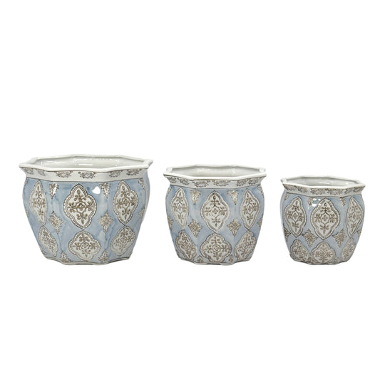 Set of 3 - 7.5"/10"/13" Ceramic Chinoiserie Planter Pot Set