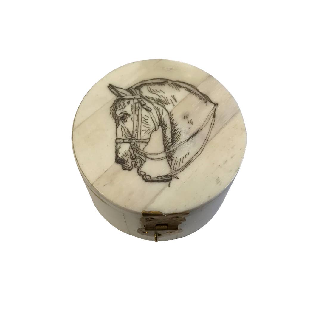 Horse Head Design Round Jewelry - Trinket Bone Box, 2-1/4"