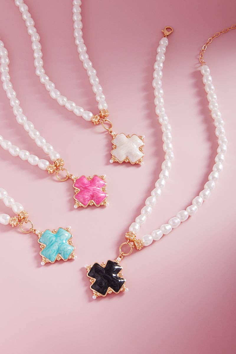 Cross Pearlized Color Enamel Pearls Short Necklace