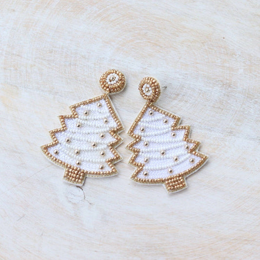 Custom Beaded White Christmas Tree Earring | HOLIDAY EARRINGS