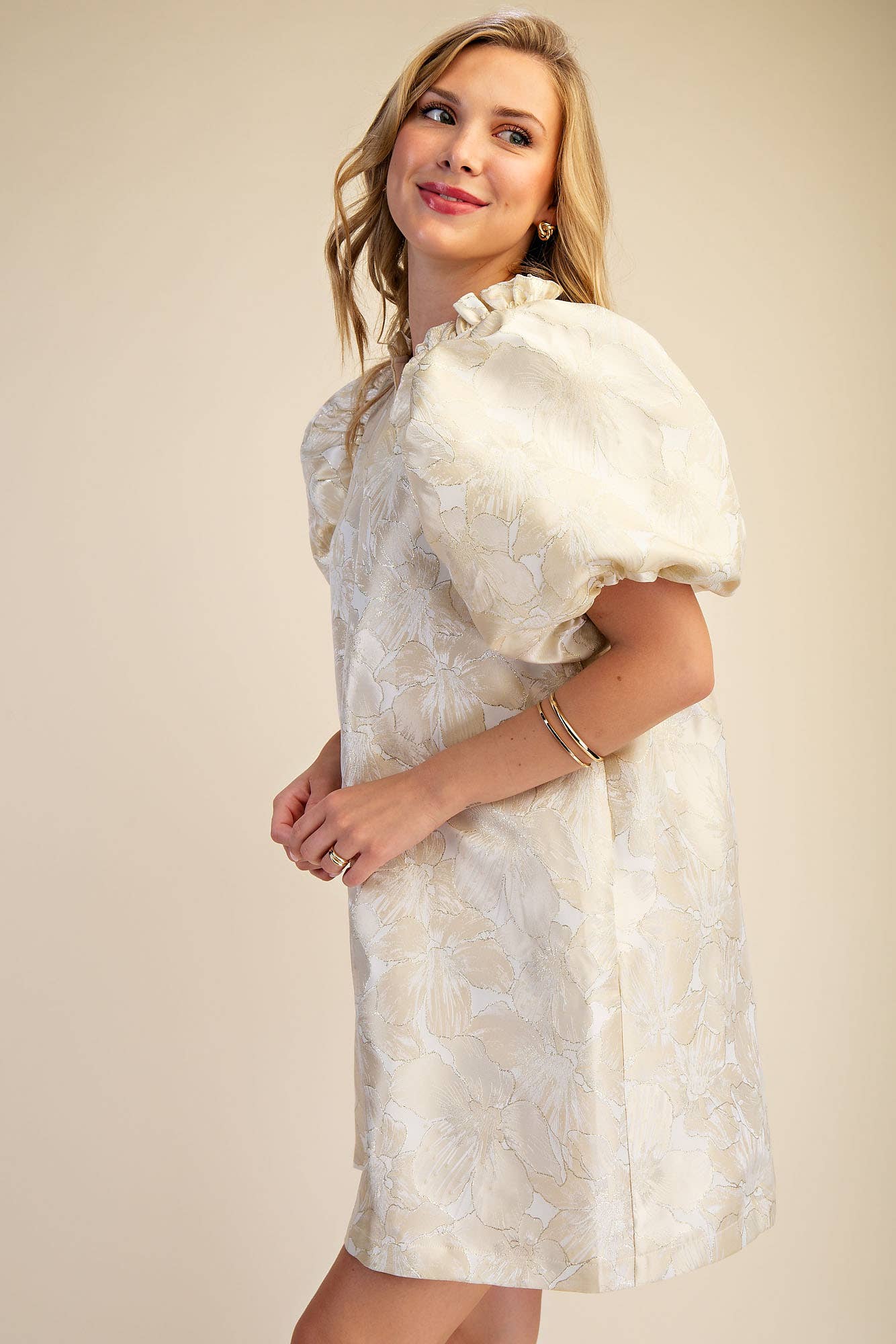 Ruffle V-Neck Puff Sleeve Mini Dress