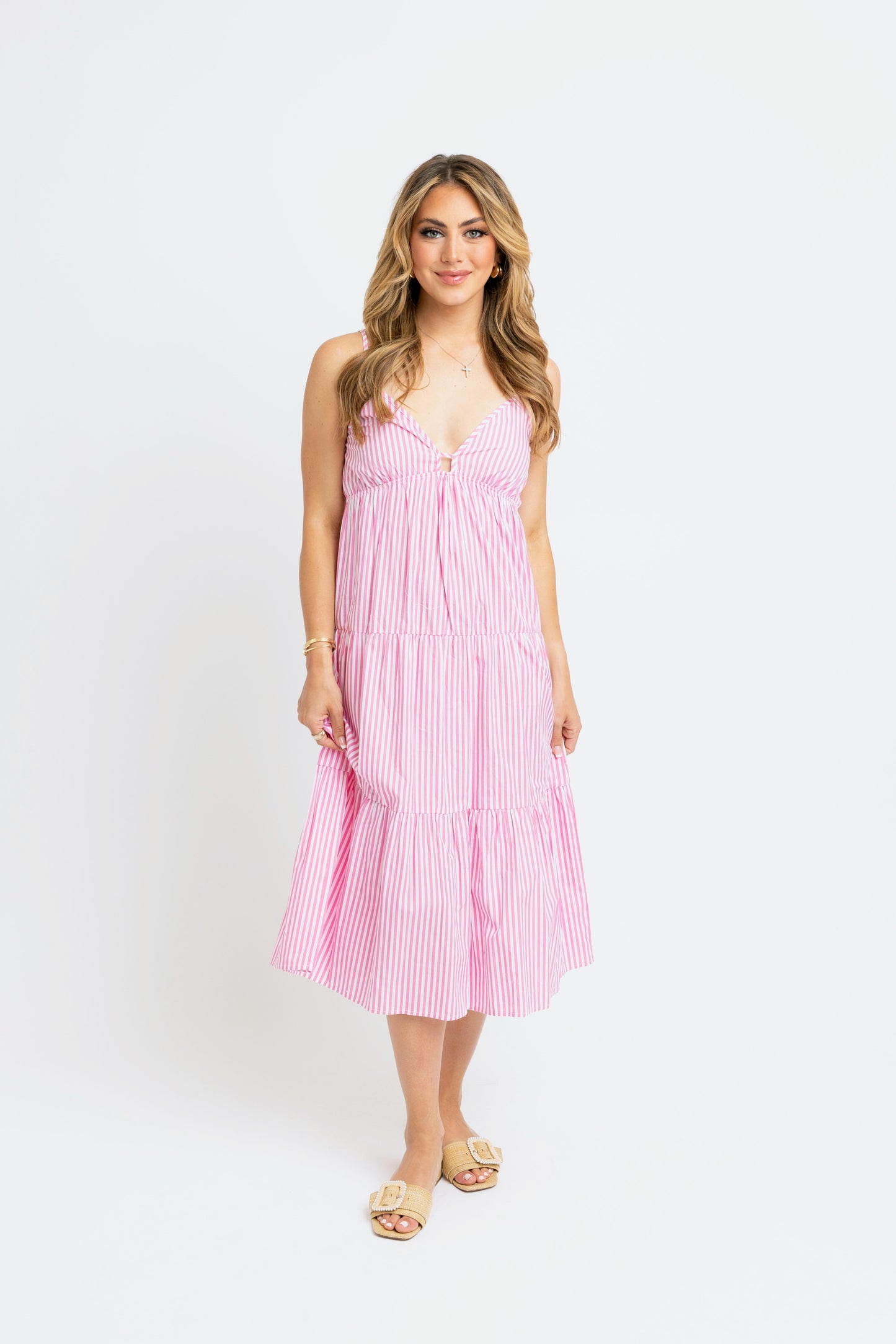 Pink Striped Midi Dress