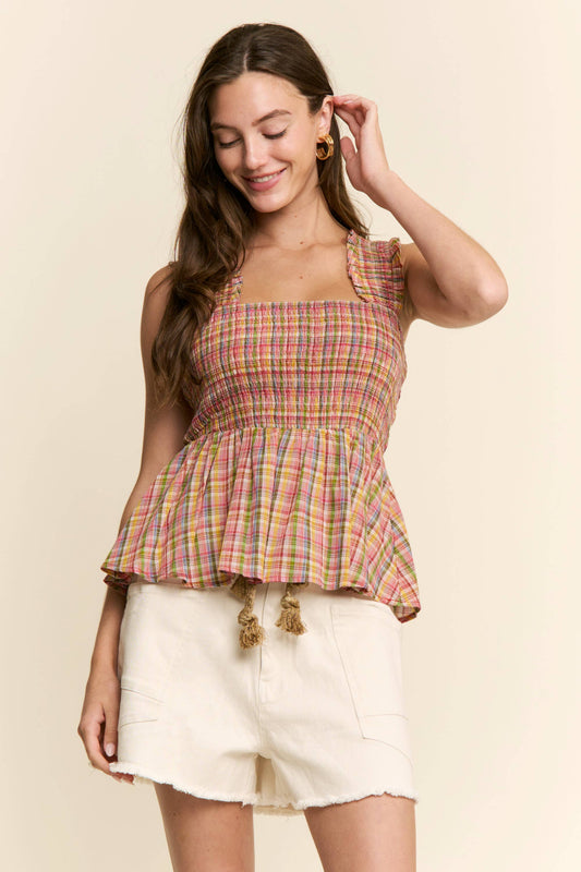 PLAID PATTERN PEPLUM TOP