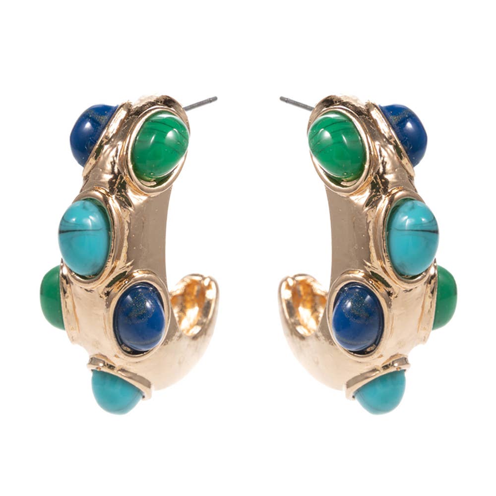 Oval Stone Embellished Chunky Hoop Earrings