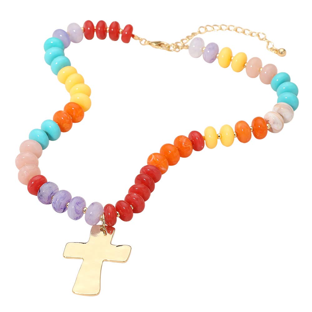 18K Gold Dipped Hammered Cross Plate Pendant Chunky Resin Disc Beaded Necklace