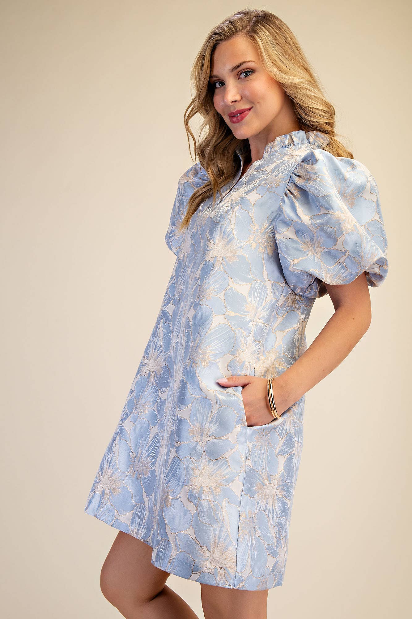 Ruffle V-Neck Puff Sleeve Mini Dress