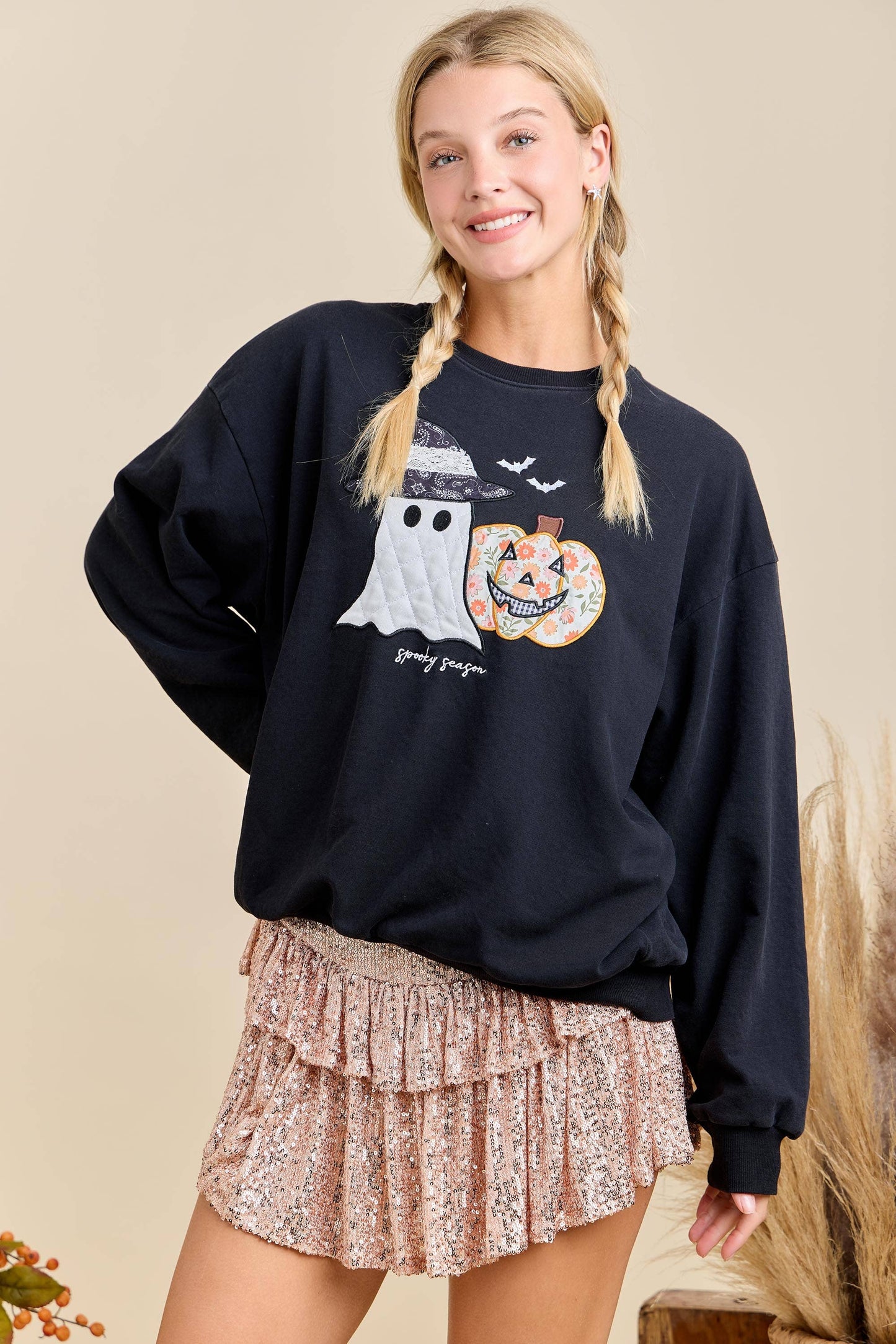 Halloween Patchwork Long Sleeve Crewneck With Mineral Wash