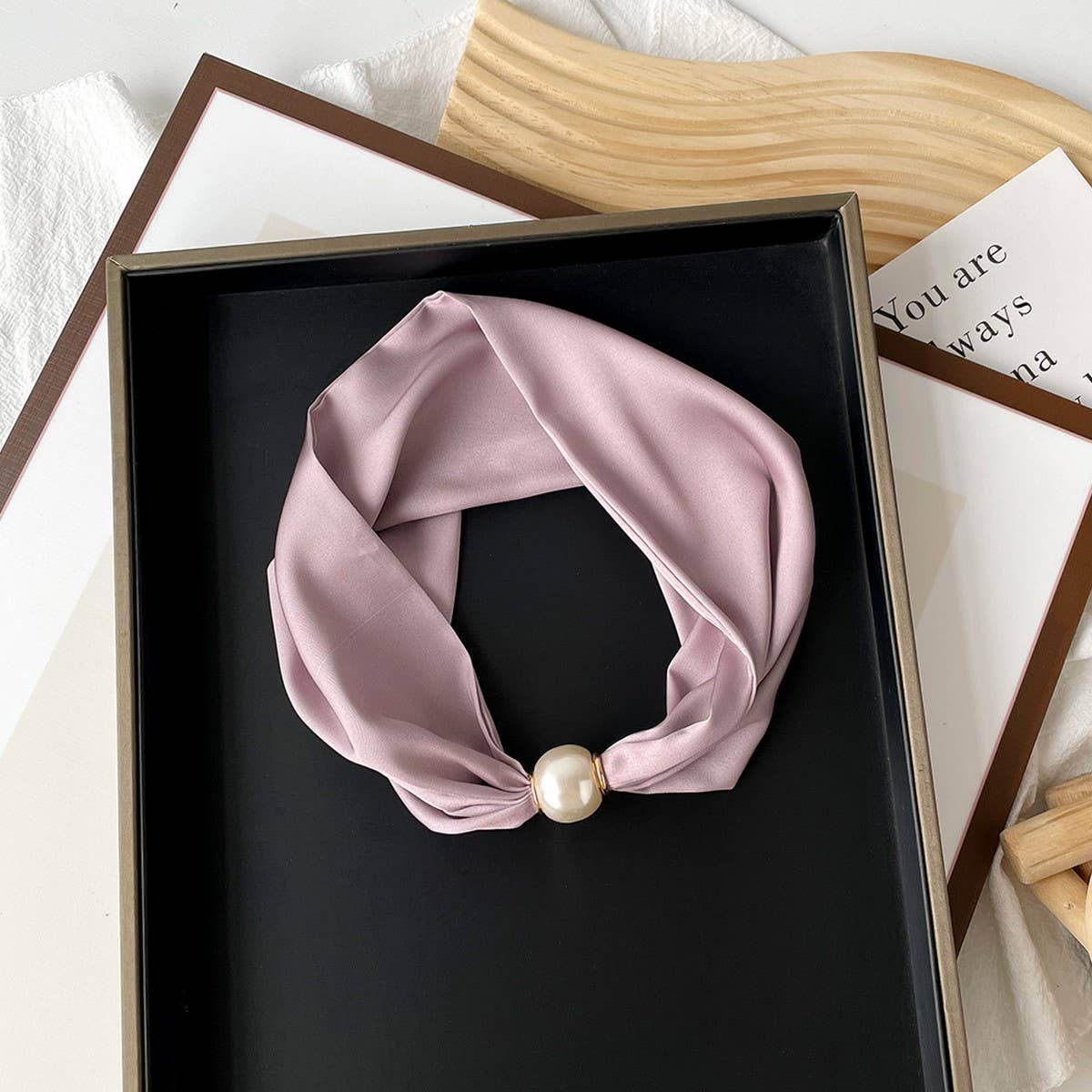 Silky Print Scarf Necklace – Pearl Magnetic Clasp_CWASC0820