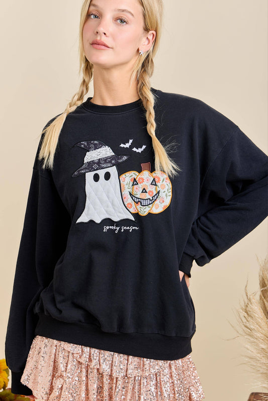 Halloween Patchwork Long Sleeve Crewneck With Mineral Wash
