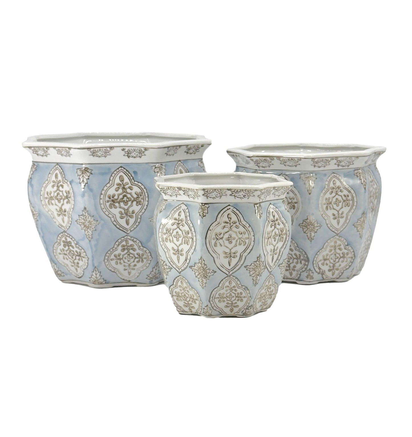 Set of 3 - 7.5"/10"/13" Ceramic Chinoiserie Planter Pot Set