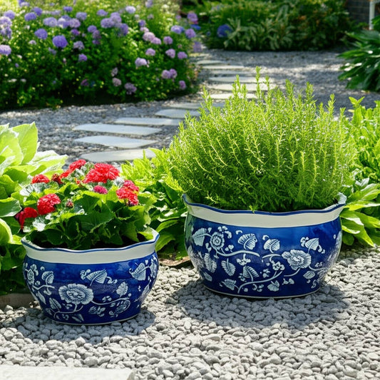 Ceramic Chinoiserie Planters Set of 2 - Blue, 10/12 in.