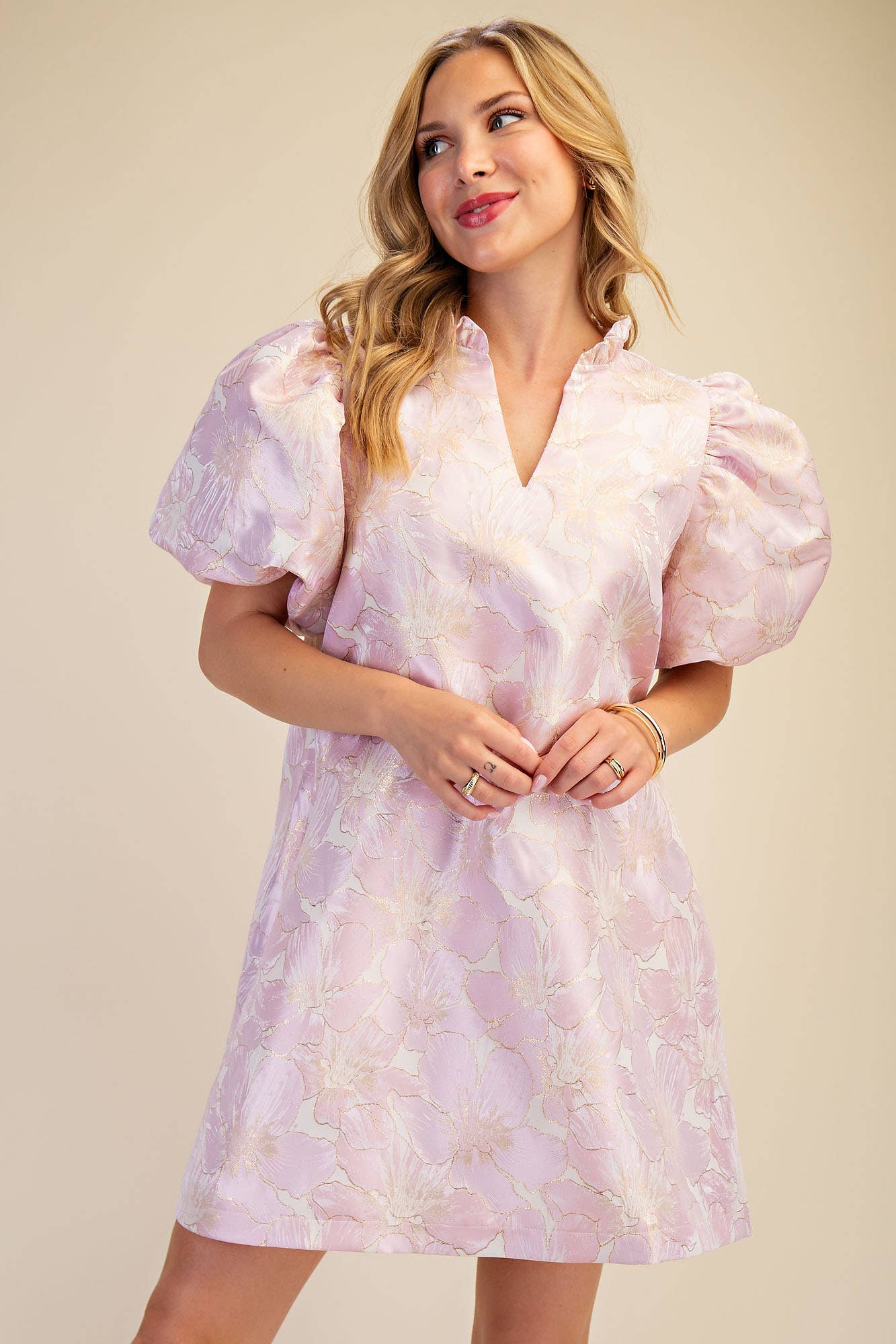 Ruffle V-Neck Puff Sleeve Mini Dress