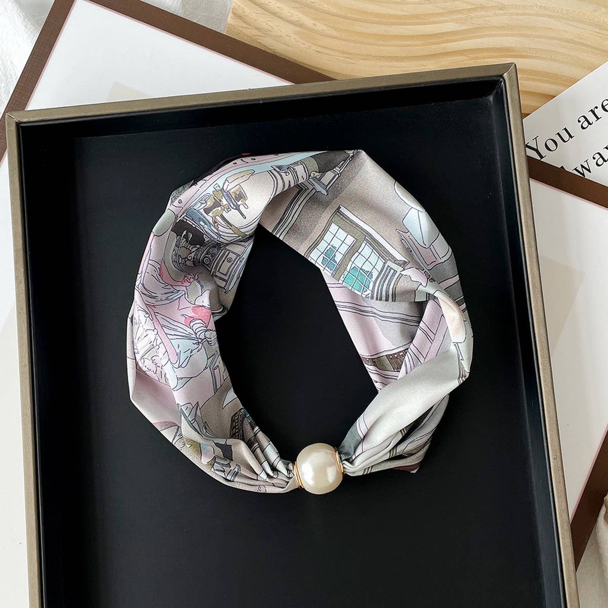 Silky Print Scarf Necklace – Pearl Magnetic Clasp_CWASC0820