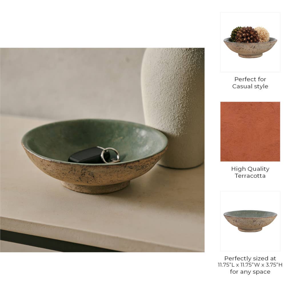 Decorative Bowl - Green/Brown Terracotta Two-Tone, 12 in.