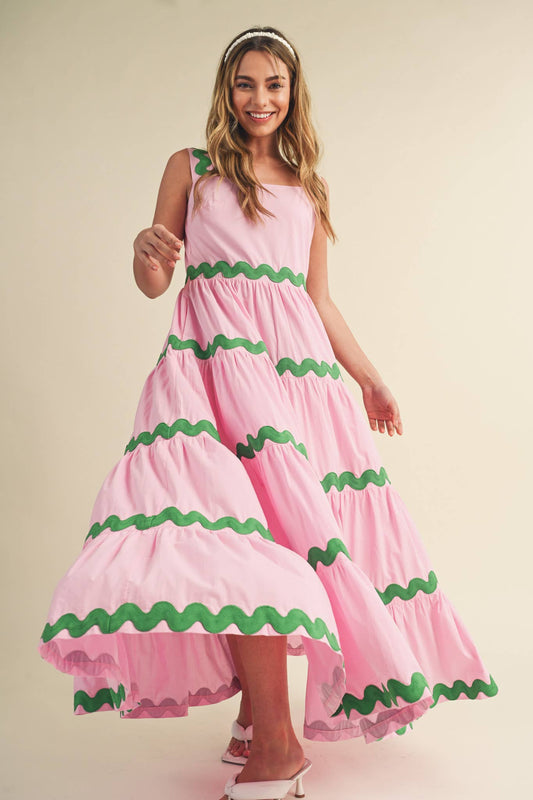 Pink Tiered Ric Rack Midi Dress