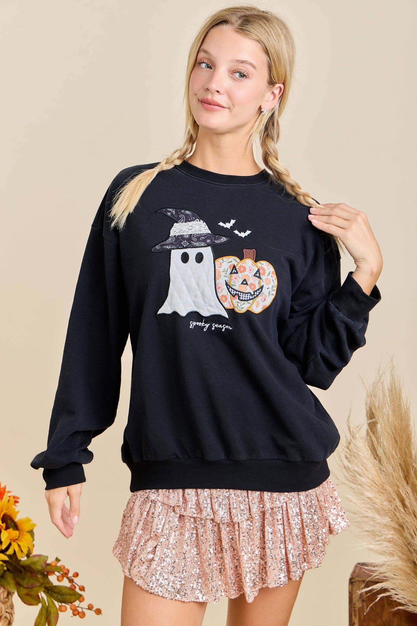 Halloween Patchwork Long Sleeve Crewneck With Mineral Wash