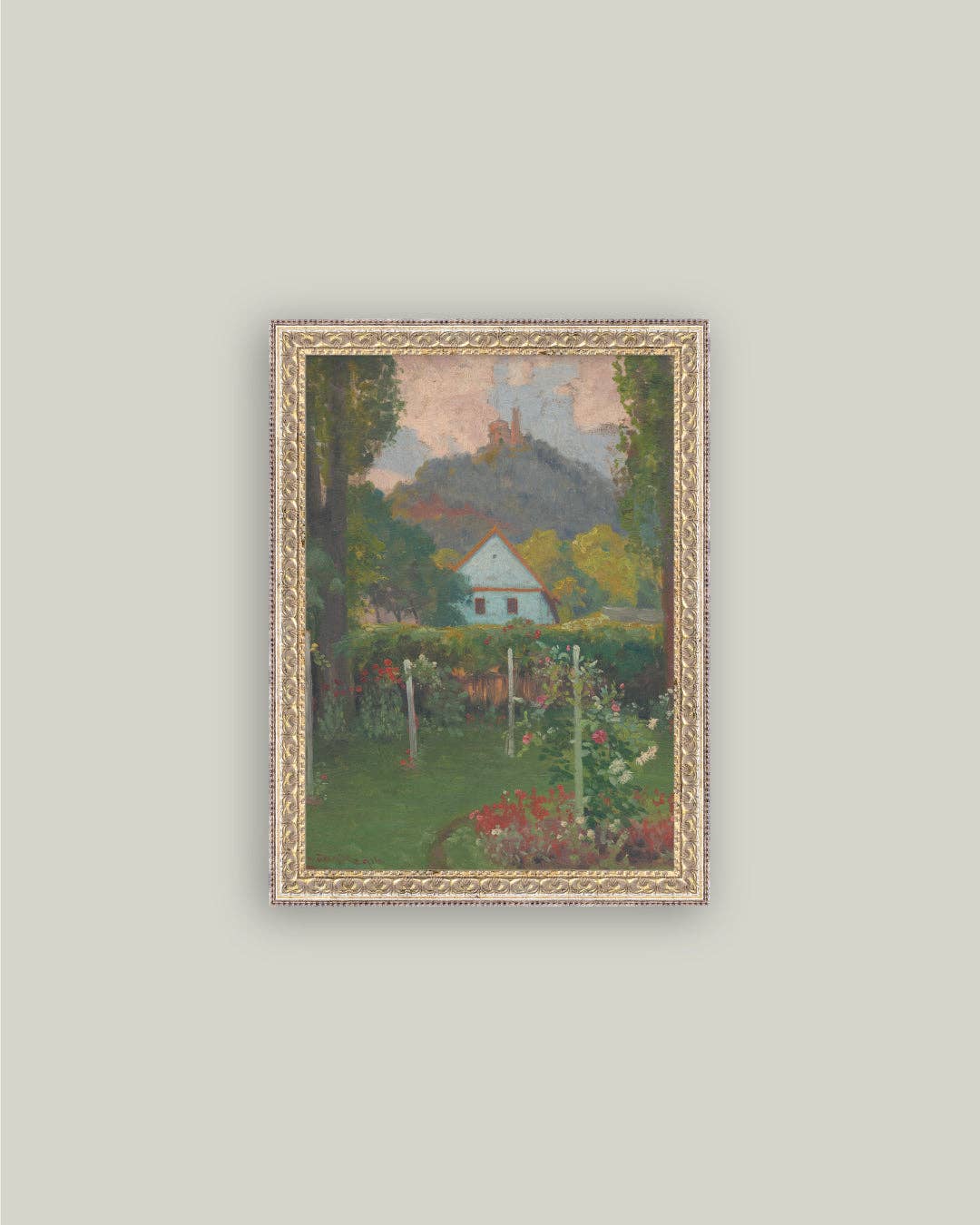 Cottage under the Castle Framed Antique Art
