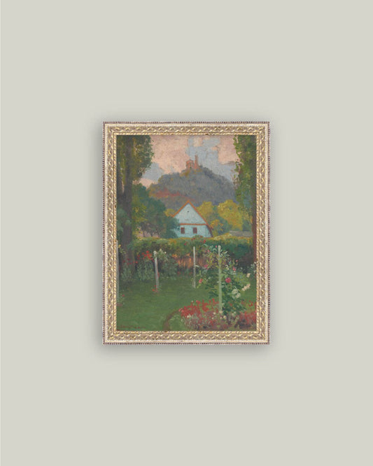 Cottage under the Castle Framed Antique Art