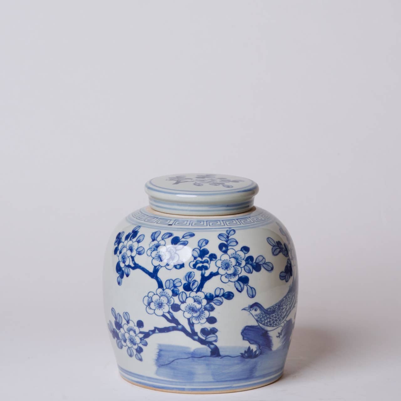 Blue and White Porcelain Pheasant and Flower Round Jar