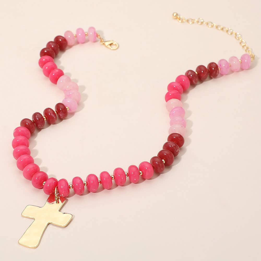 18K Gold Dipped Hammered Cross Plate Pendant Chunky Resin Disc Beaded Necklace