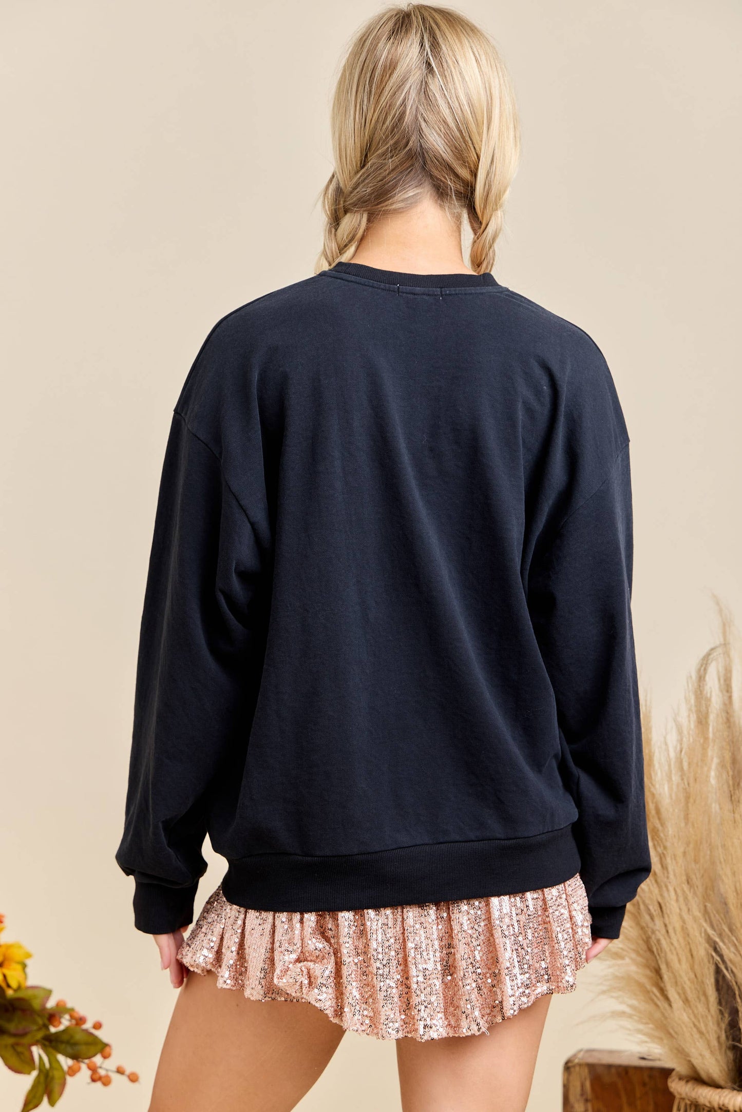 Halloween Patchwork Long Sleeve Crewneck With Mineral Wash