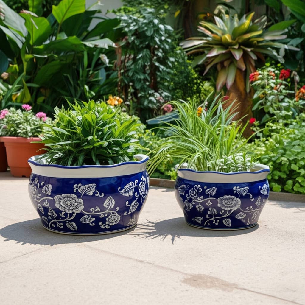 Ceramic Chinoiserie Planters Set of 2 - Blue, 10/12 in.