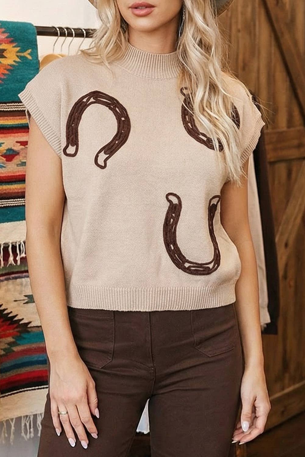 Spring Western Print Mock Neck Short Sleeve Knit Sweater