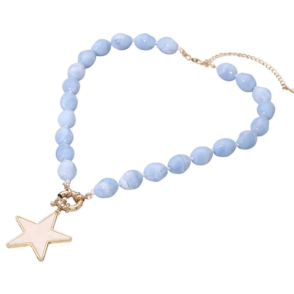 Mother of Pearl Star Pendant Marbled Pebble Beaded Necklace