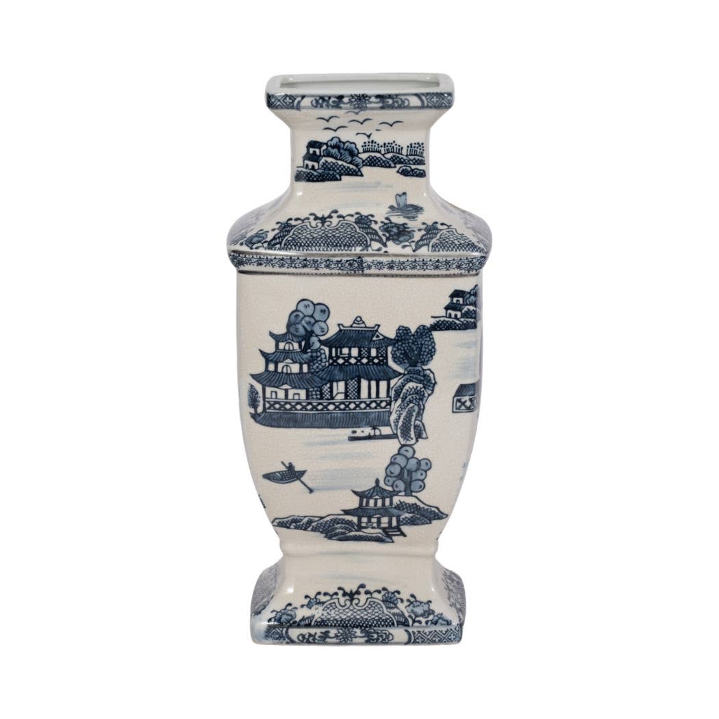Decorative Jar - Blue Ceramic Chinoiserie Temple, 15 in.