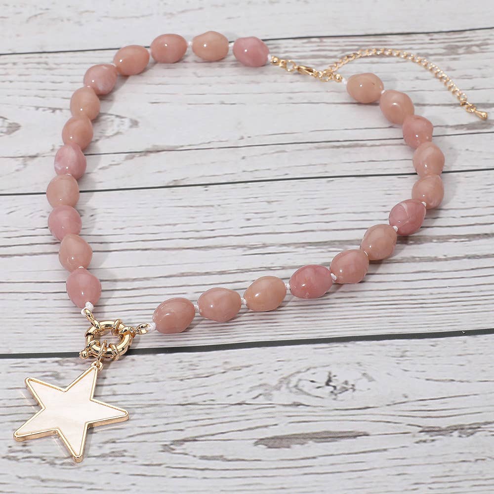 Mother of Pearl Star Pendant Marbled Pebble Beaded Necklace