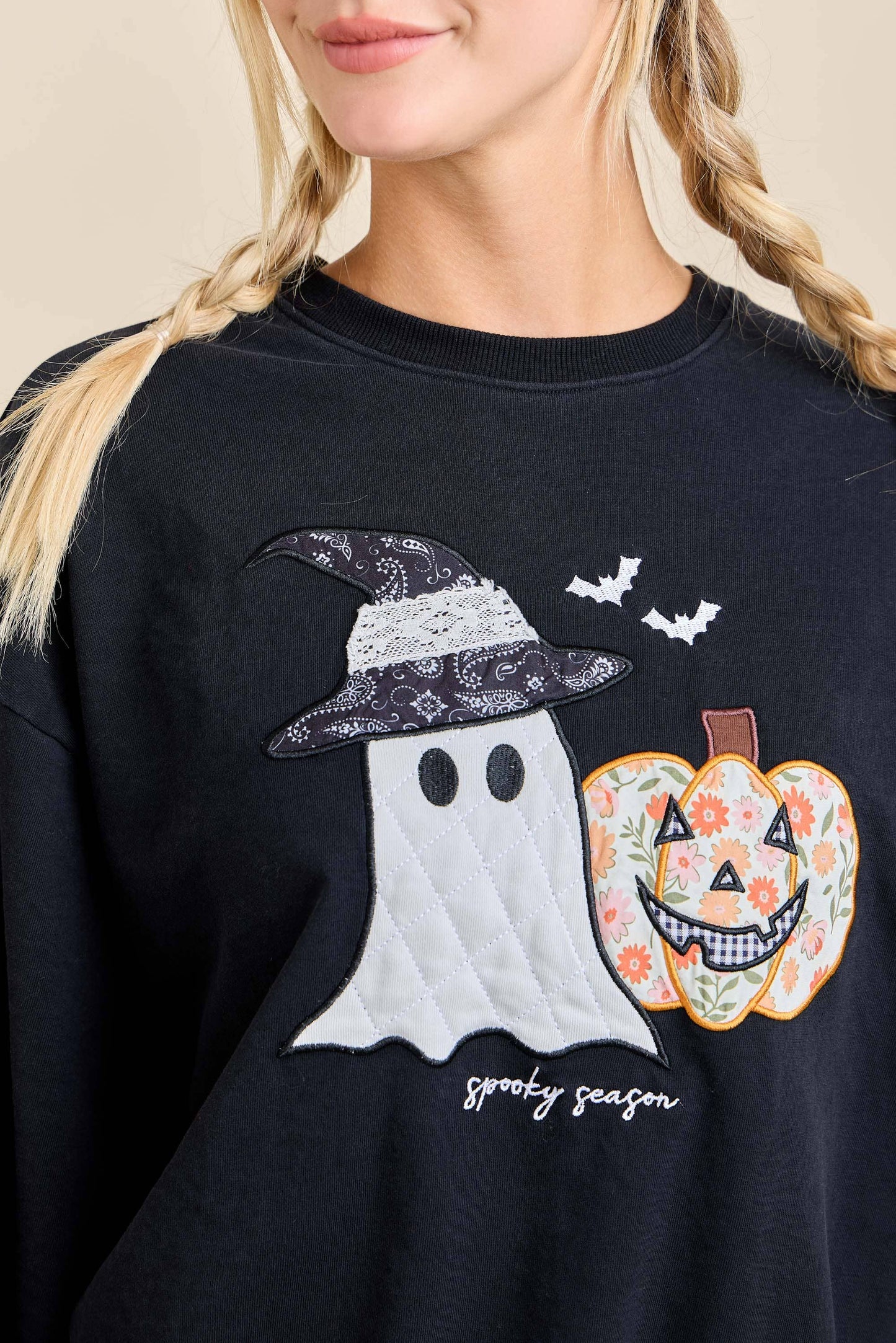 Halloween Patchwork Long Sleeve Crewneck With Mineral Wash