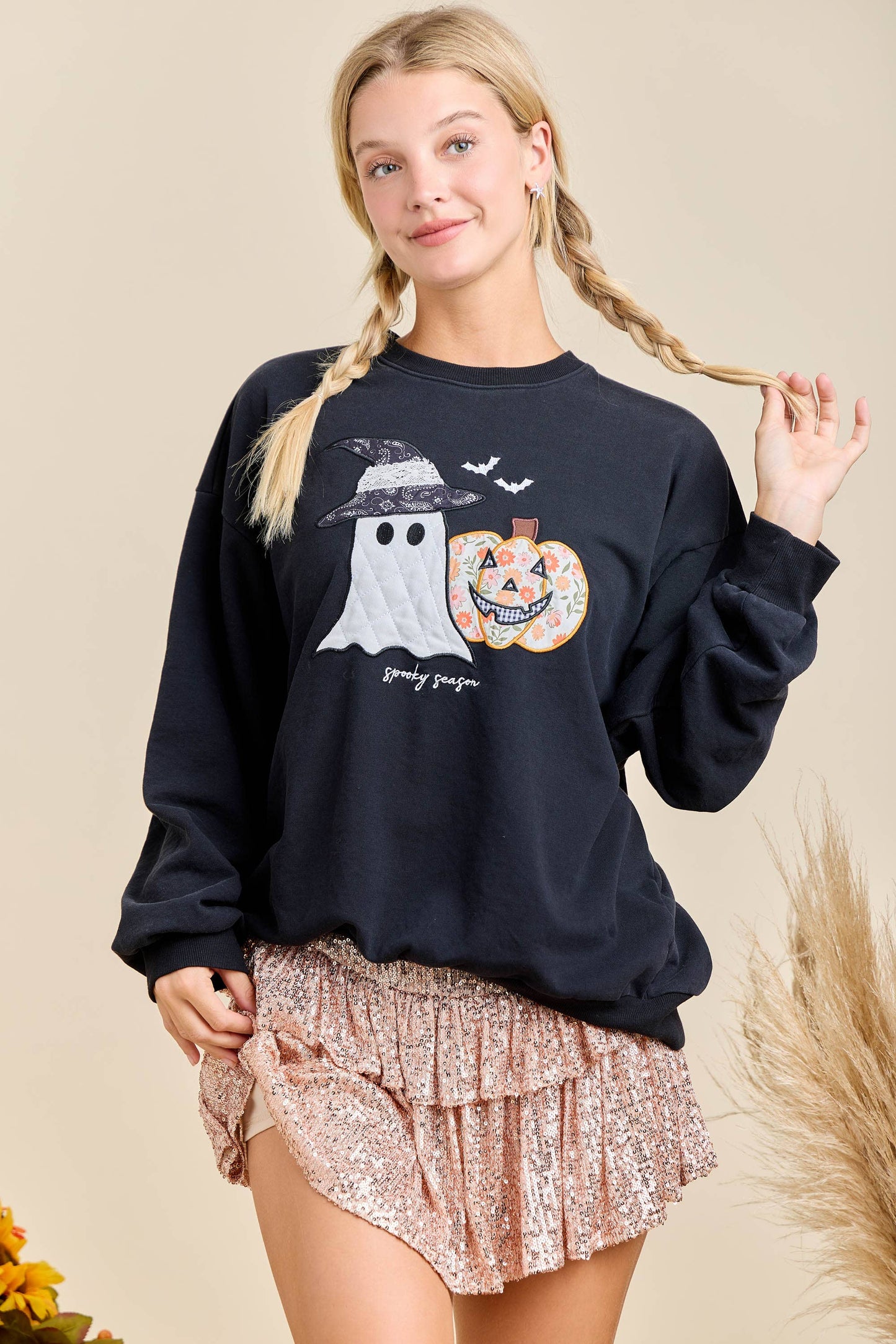Halloween Patchwork Long Sleeve Crewneck With Mineral Wash