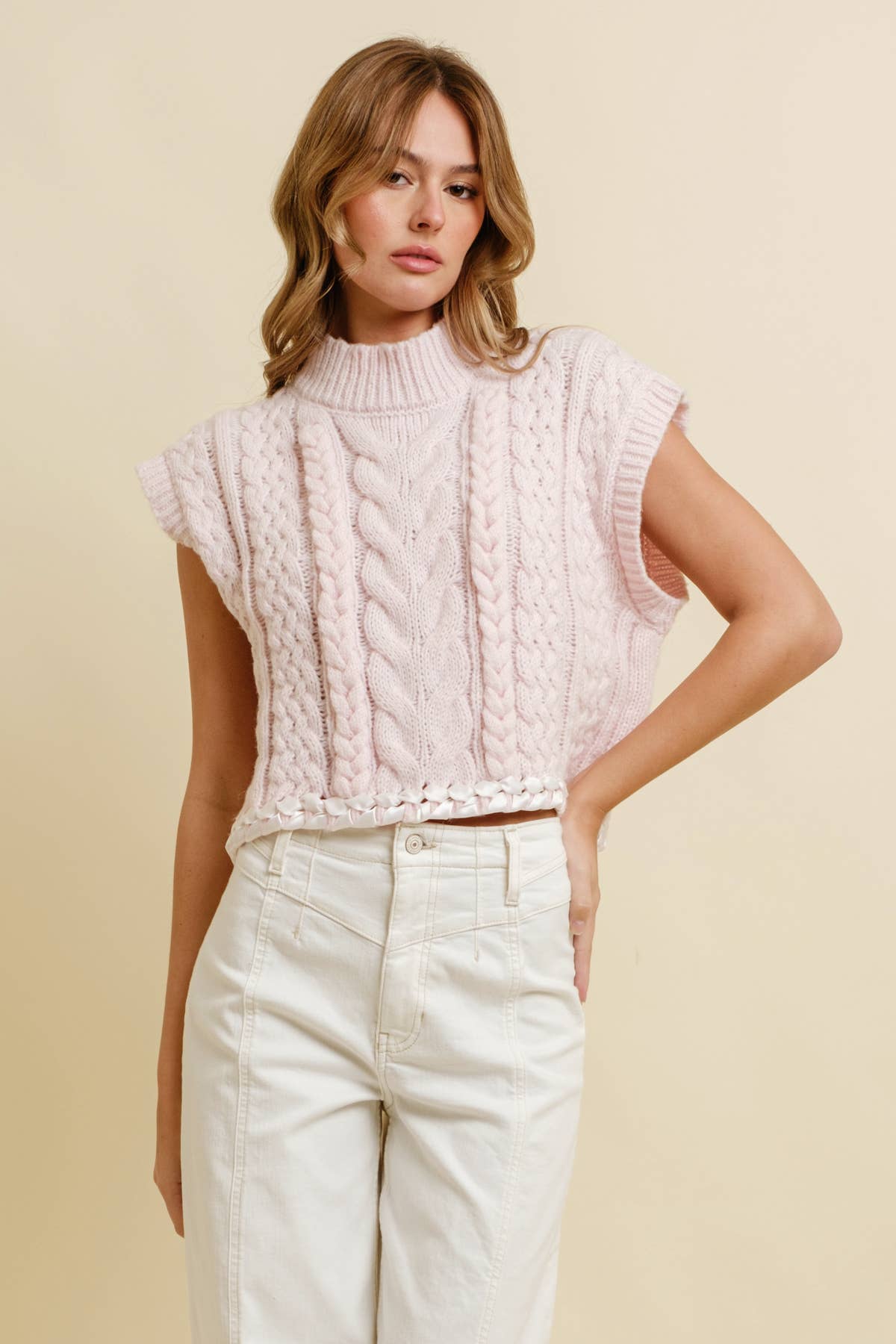 CSW13362K - CABLE KNIT DROP SHOULDER CONTRAST STITCH SWEATER
