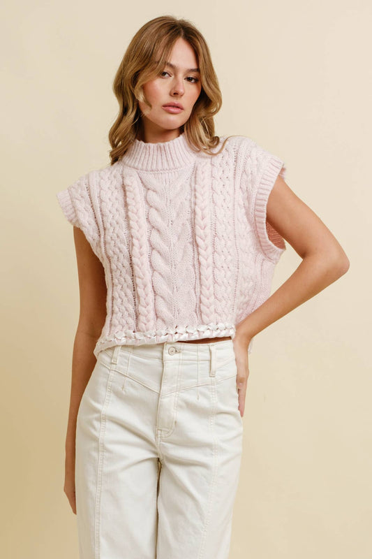 CSW13362K - CABLE KNIT DROP SHOULDER CONTRAST STITCH SWEATER