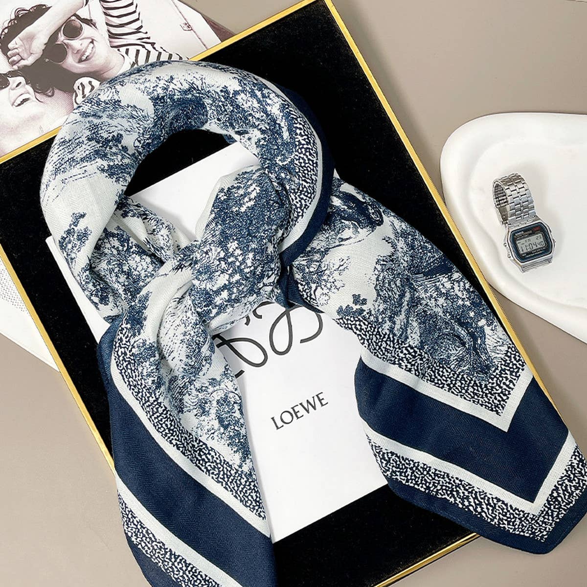 Ink Art Velvet Scarf – Winter Square Shawl 90cm_CWASC0888
