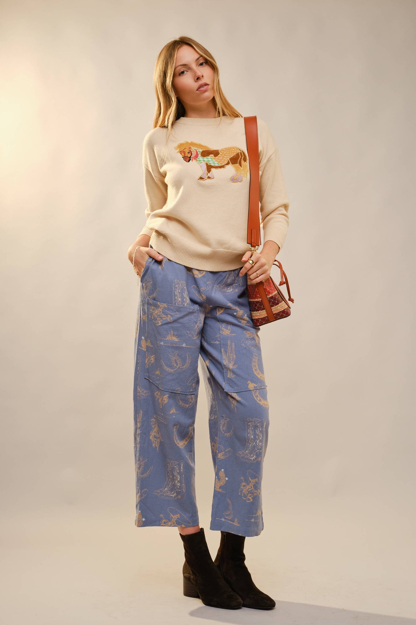 52269W Pony Embroidery Crew Neck Pull Over Sweater