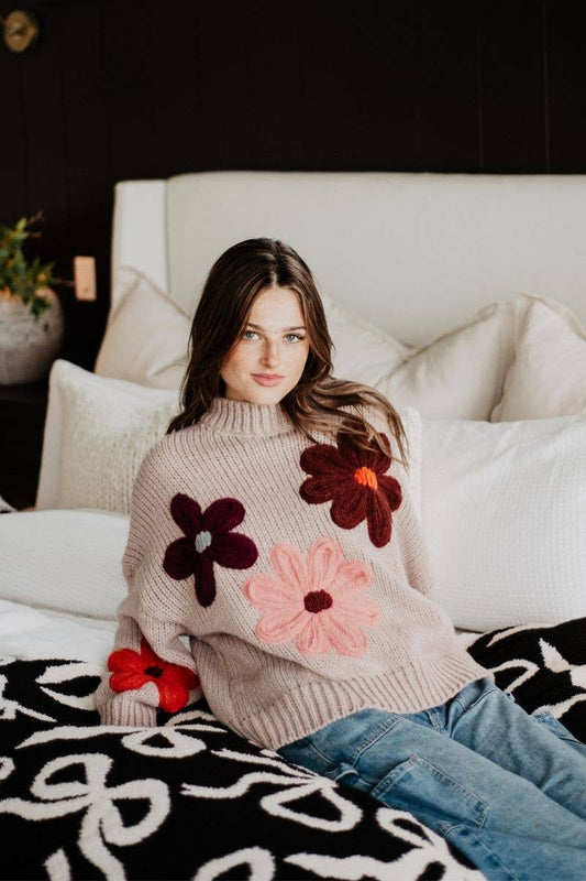Tan Floral Lightweight Knit Sweater