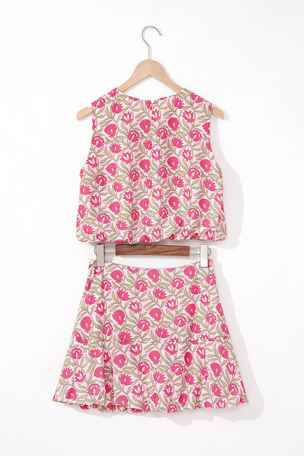 Floral Print Puffy Cropped Tank and Mini Skirt Set