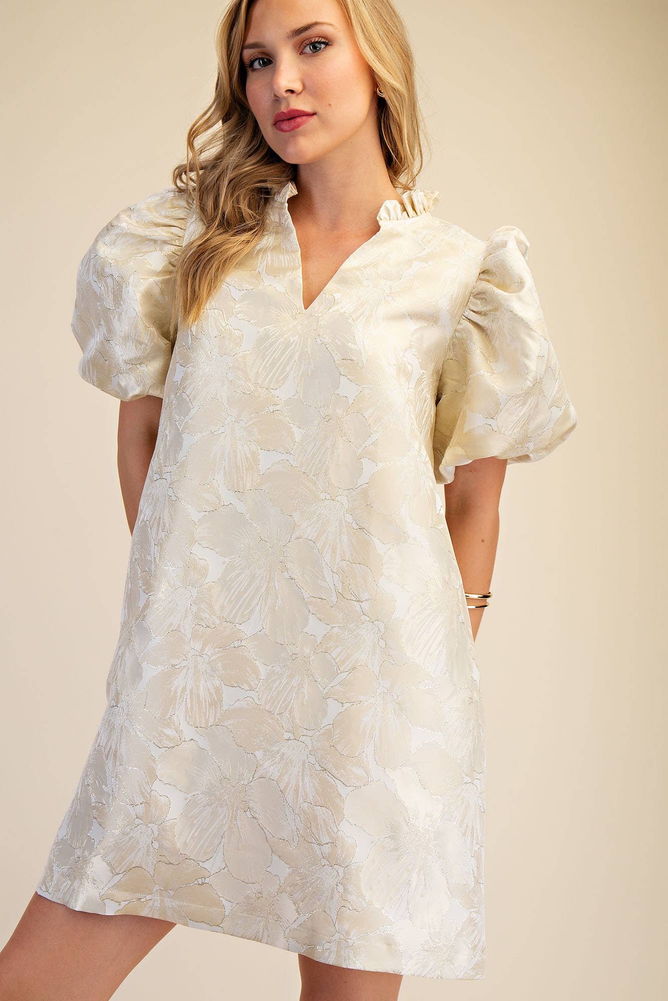 Ruffle V-Neck Puff Sleeve Mini Dress