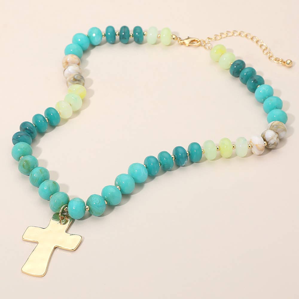 18K Gold Dipped Hammered Cross Plate Pendant Chunky Resin Disc Beaded Necklace